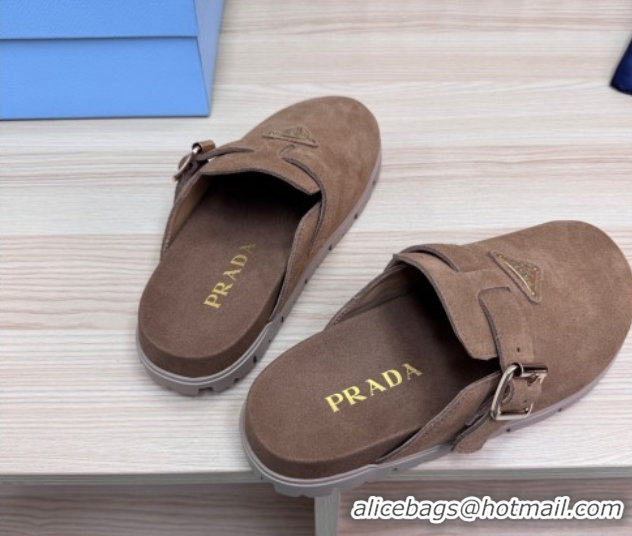 Top Grade Prada Suede Flat Mules with Buckle Taupe Brown 2025 PR071001