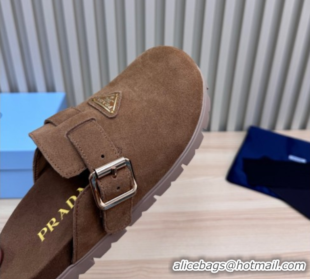 Top Grade Prada Suede Flat Mules with Buckle Taupe Brown 2025 PR071001