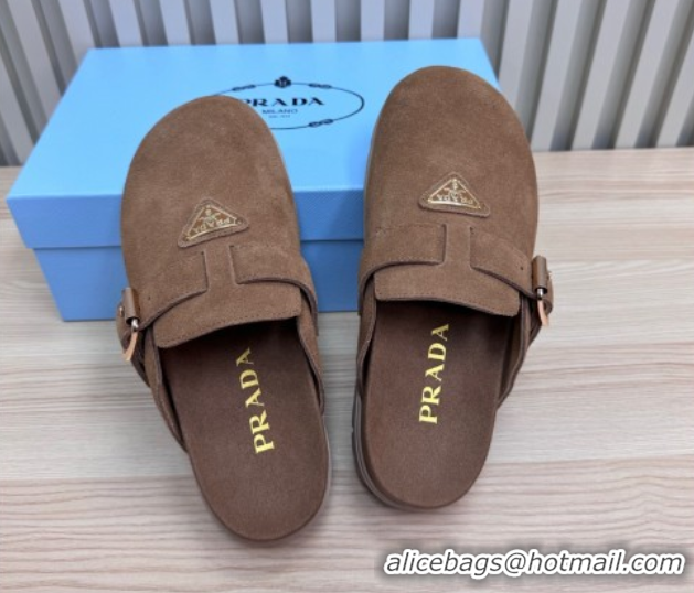 Top Grade Prada Suede Flat Mules with Buckle Taupe Brown 2025 PR071001