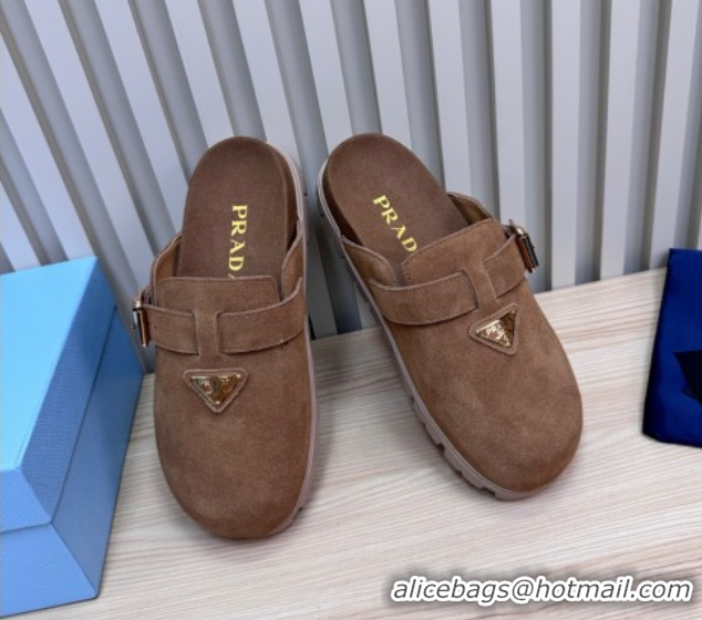 Top Grade Prada Suede Flat Mules with Buckle Taupe Brown 2025 PR071001