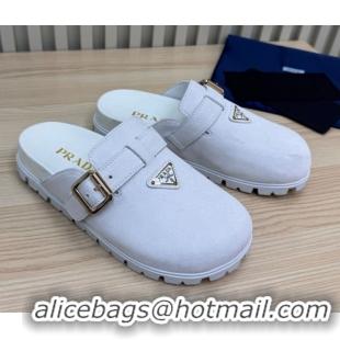 Unique Style Prada Suede Flat Mules with Buckle White 2025 PR071001