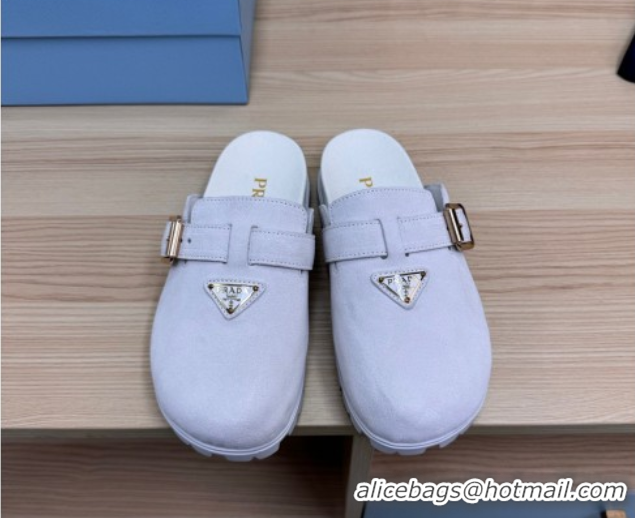Unique Style Prada Suede Flat Mules with Buckle White 2025 PR071001