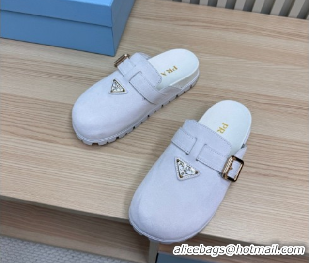 Unique Style Prada Suede Flat Mules with Buckle White 2025 PR071001