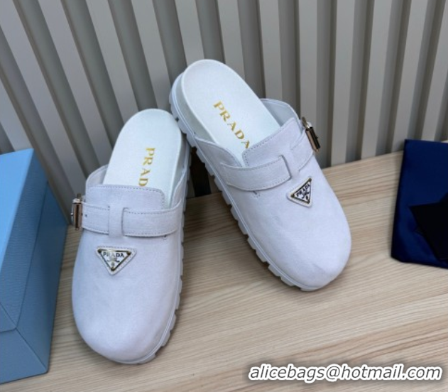 Unique Style Prada Suede Flat Mules with Buckle White 2025 PR071001