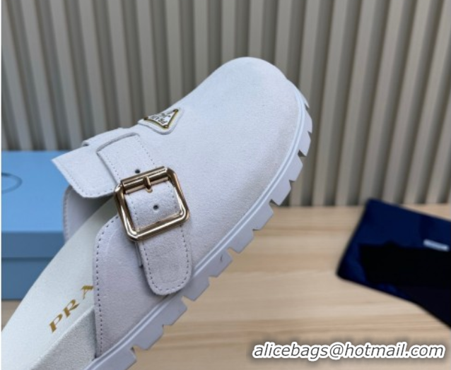 Unique Style Prada Suede Flat Mules with Buckle White 2025 PR071001