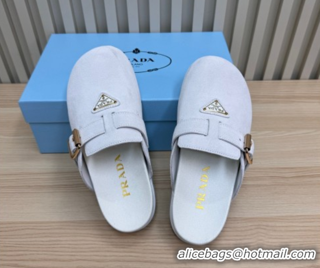 Unique Style Prada Suede Flat Mules with Buckle White 2025 PR071001