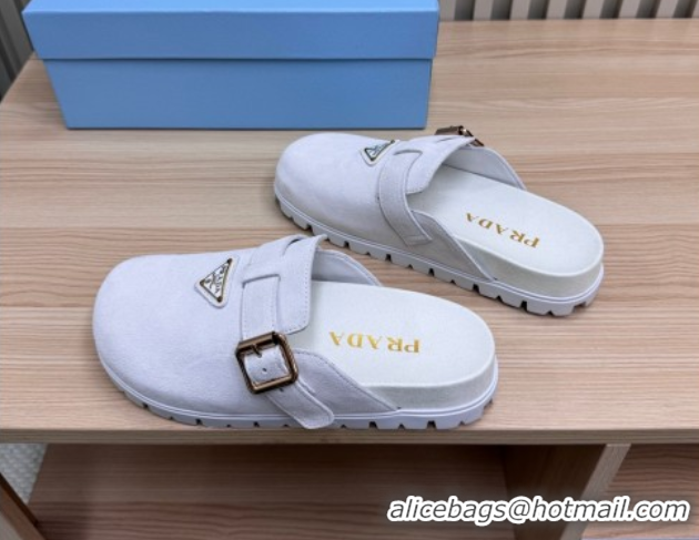 Unique Style Prada Suede Flat Mules with Buckle White 2025 PR071001
