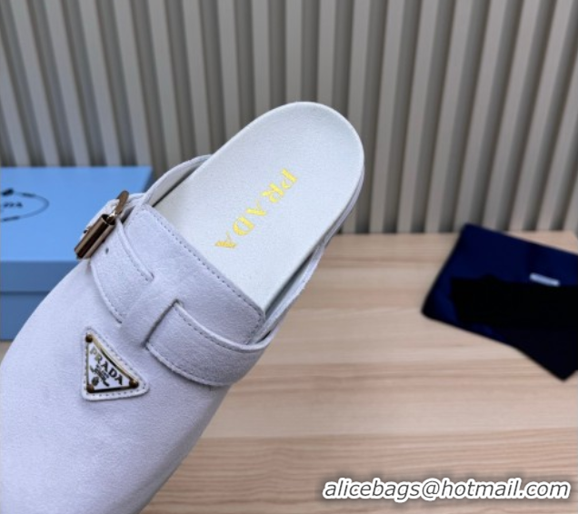 Unique Style Prada Suede Flat Mules with Buckle White 2025 PR071001