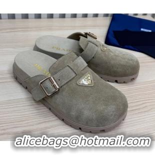 Grade Quality Prada Suede Flat Mules with Buckle Grey 2025 PR071001
