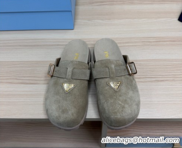 Grade Quality Prada Suede Flat Mules with Buckle Grey 2025 PR071001