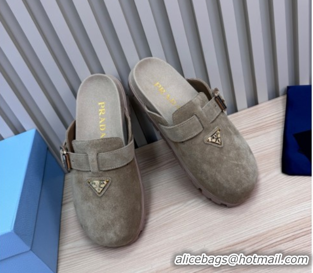 Grade Quality Prada Suede Flat Mules with Buckle Grey 2025 PR071001