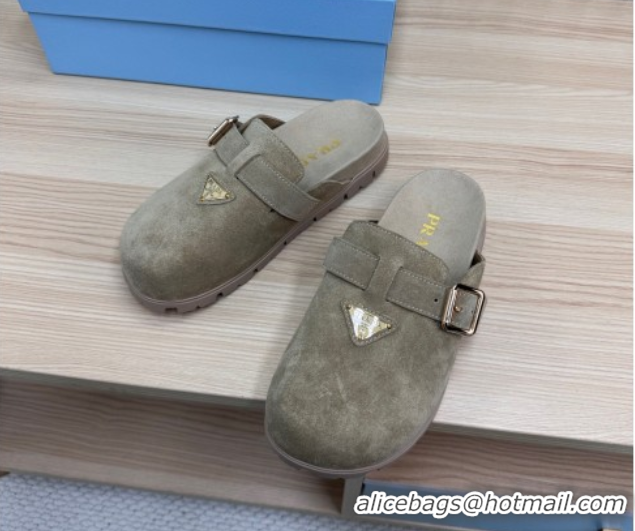 Grade Quality Prada Suede Flat Mules with Buckle Grey 2025 PR071001
