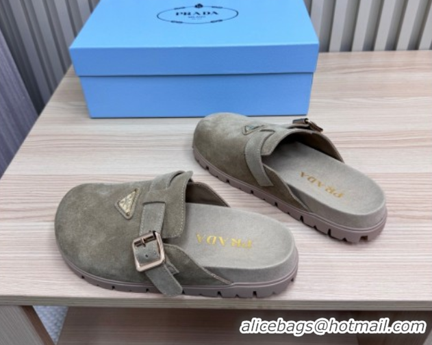 Grade Quality Prada Suede Flat Mules with Buckle Grey 2025 PR071001