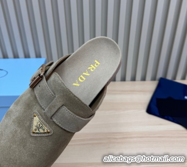 Grade Quality Prada Suede Flat Mules with Buckle Grey 2025 PR071001