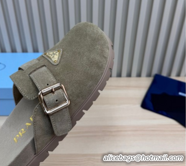 Grade Quality Prada Suede Flat Mules with Buckle Grey 2025 PR071001