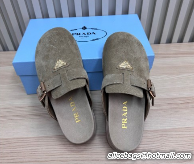 Grade Quality Prada Suede Flat Mules with Buckle Grey 2025 PR071001