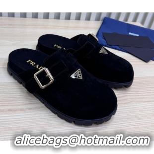 Good Quality Prada Suede Flat Mules with Buckle Black 2025 PR071001