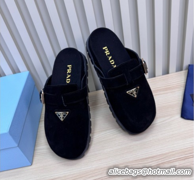 Good Quality Prada Suede Flat Mules with Buckle Black 2025 PR071001