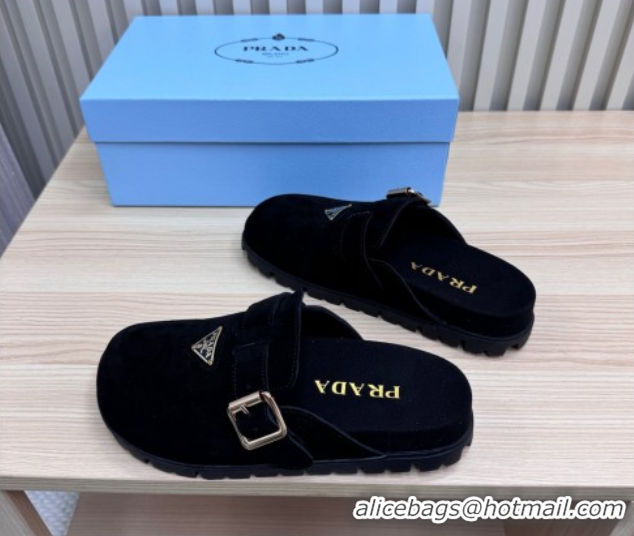 Good Quality Prada Suede Flat Mules with Buckle Black 2025 PR071001