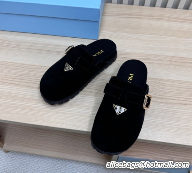 Good Quality Prada Suede Flat Mules with Buckle Black 2025 PR071001