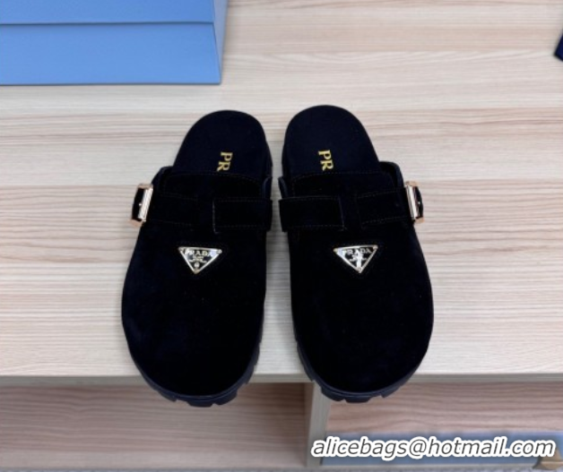 Good Quality Prada Suede Flat Mules with Buckle Black 2025 PR071001