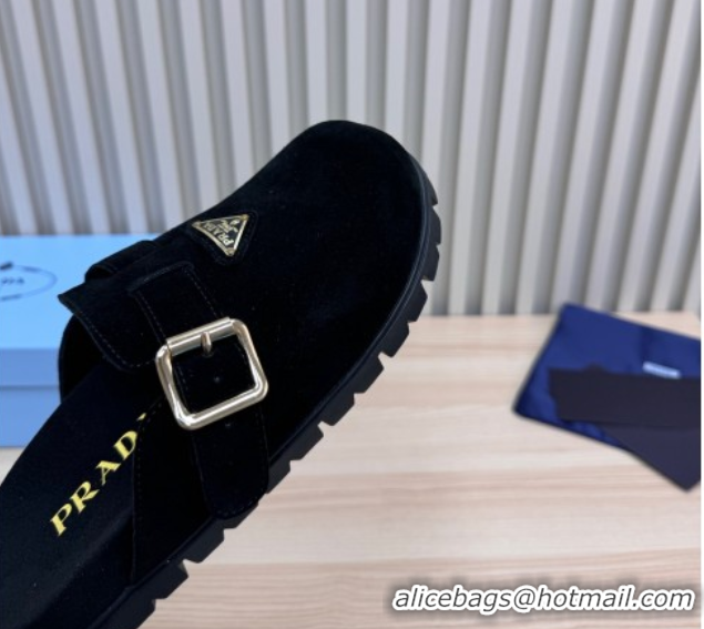 Good Quality Prada Suede Flat Mules with Buckle Black 2025 PR071001