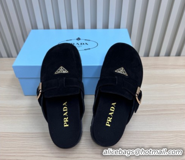 Good Quality Prada Suede Flat Mules with Buckle Black 2025 PR071001