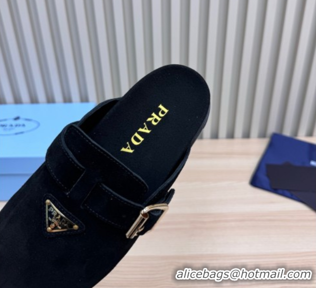 Good Quality Prada Suede Flat Mules with Buckle Black 2025 PR071001
