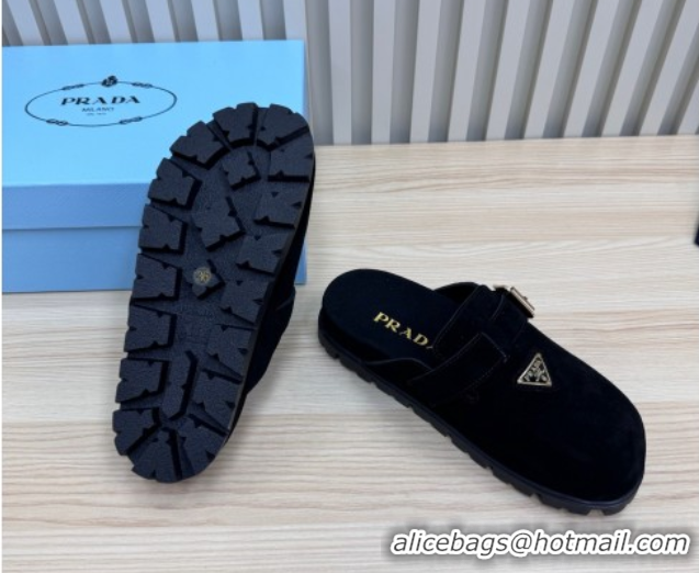 Good Quality Prada Suede Flat Mules with Buckle Black 2025 PR071001