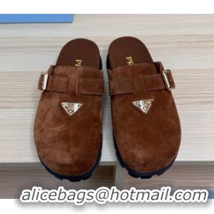 Sumptuous Prada Suede Flat Mules with Buckle Dark Brown 2025 PR071001