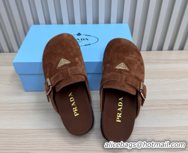 Sumptuous Prada Suede Flat Mules with Buckle Dark Brown 2025 PR071001