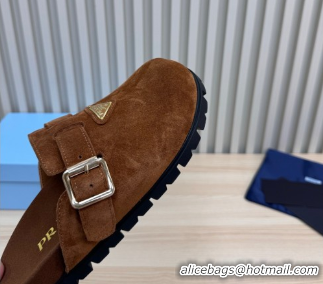 Sumptuous Prada Suede Flat Mules with Buckle Dark Brown 2025 PR071001