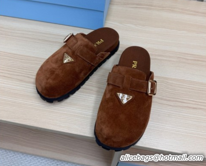 Sumptuous Prada Suede Flat Mules with Buckle Dark Brown 2025 PR071001