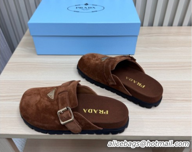 Sumptuous Prada Suede Flat Mules with Buckle Dark Brown 2025 PR071001