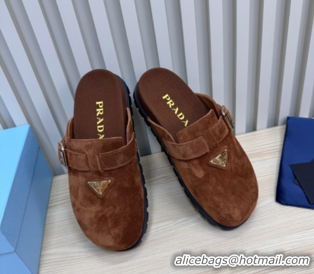 Sumptuous Prada Suede Flat Mules with Buckle Dark Brown 2025 PR071001