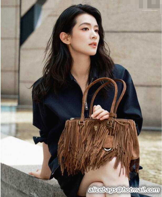 Buy Inexpensive Prada Galleria Medium Suede Bag With Tassel 1BA457 Brown 2025