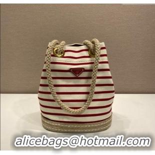 Affordable Price Prada Mariner small striped fabric bucket bag 1BE082 White/Red 2025
