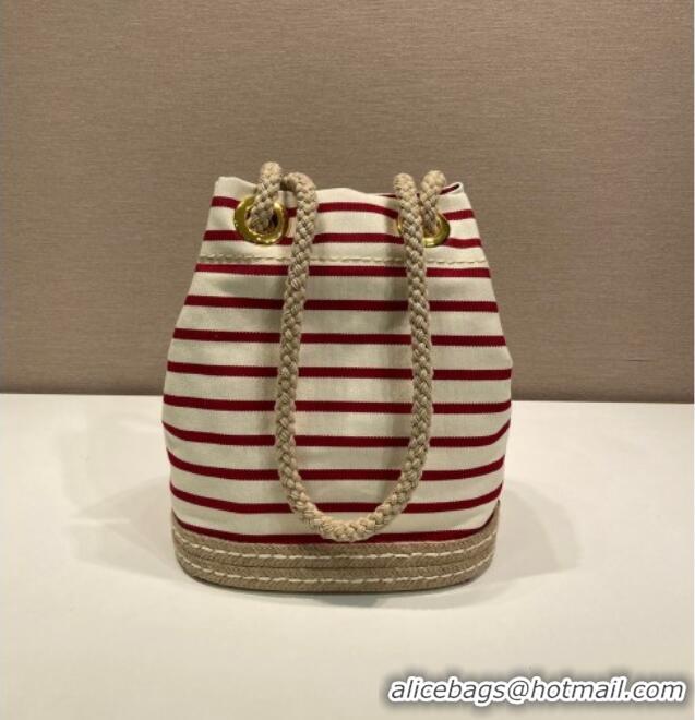 Affordable Price Prada Mariner small striped fabric bucket bag 1BE082 White/Red 2025