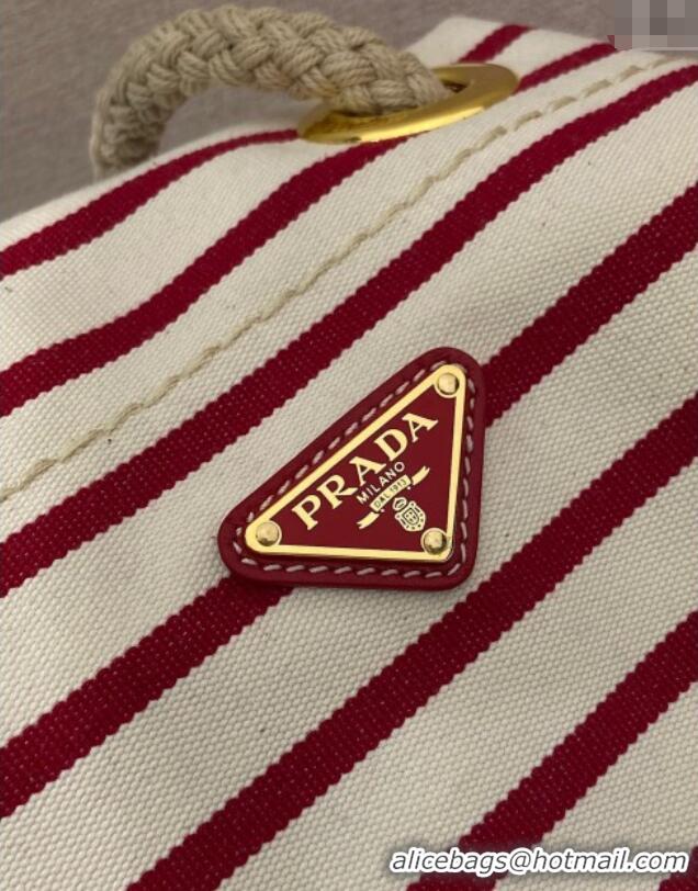 Affordable Price Prada Mariner small striped fabric bucket bag 1BE082 White/Red 2025