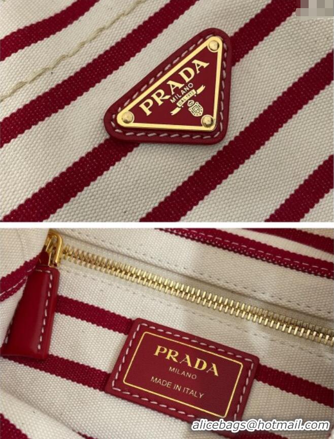 Affordable Price Prada Mariner small striped fabric bucket bag 1BE082 White/Red 2025