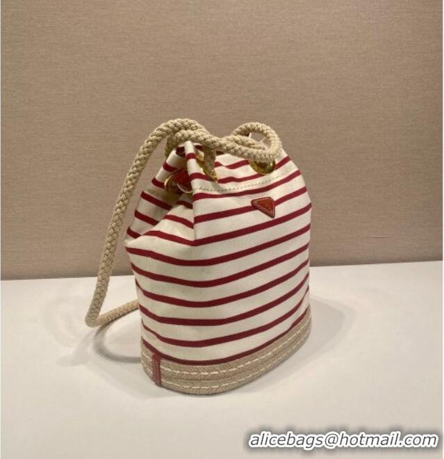 Affordable Price Prada Mariner small striped fabric bucket bag 1BE082 White/Red 2025