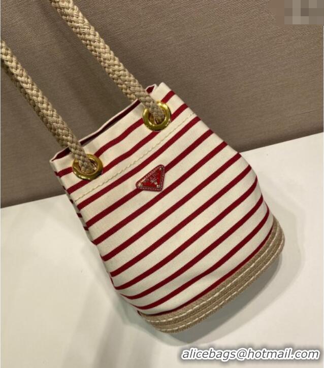 Affordable Price Prada Mariner small striped fabric bucket bag 1BE082 White/Red 2025