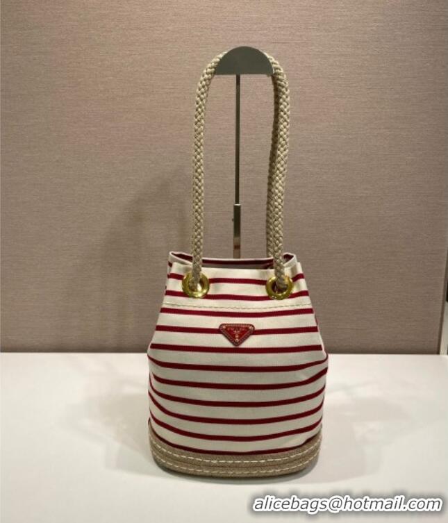 Affordable Price Prada Mariner small striped fabric bucket bag 1BE082 White/Red 2025