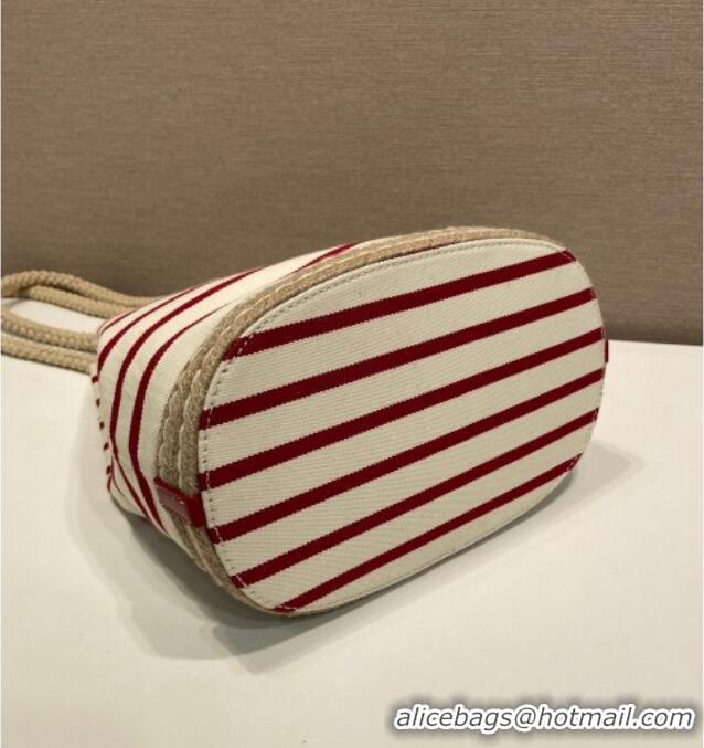 Affordable Price Prada Mariner small striped fabric bucket bag 1BE082 White/Red 2025