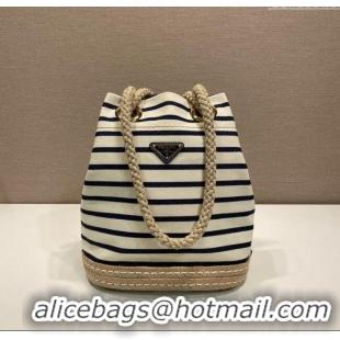 Top Grade Prada Mariner small striped fabric bucket bag 1BE082 White/Blue 2025