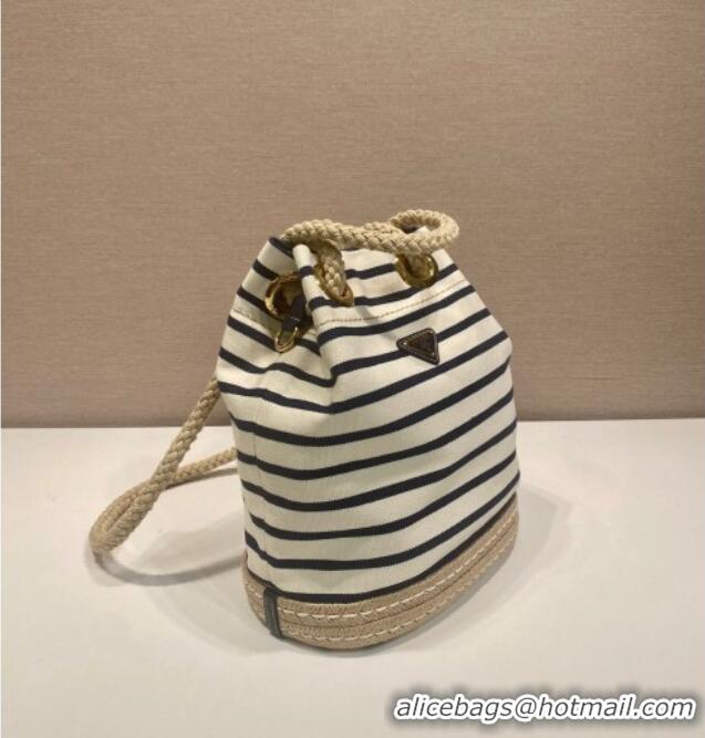 Top Grade Prada Mariner small striped fabric bucket bag 1BE082 White/Blue 2025
