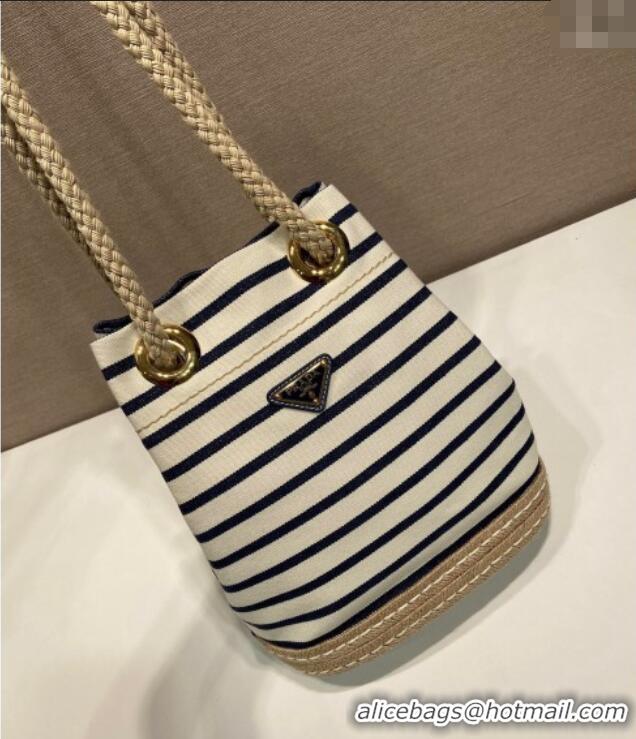 Top Grade Prada Mariner small striped fabric bucket bag 1BE082 White/Blue 2025