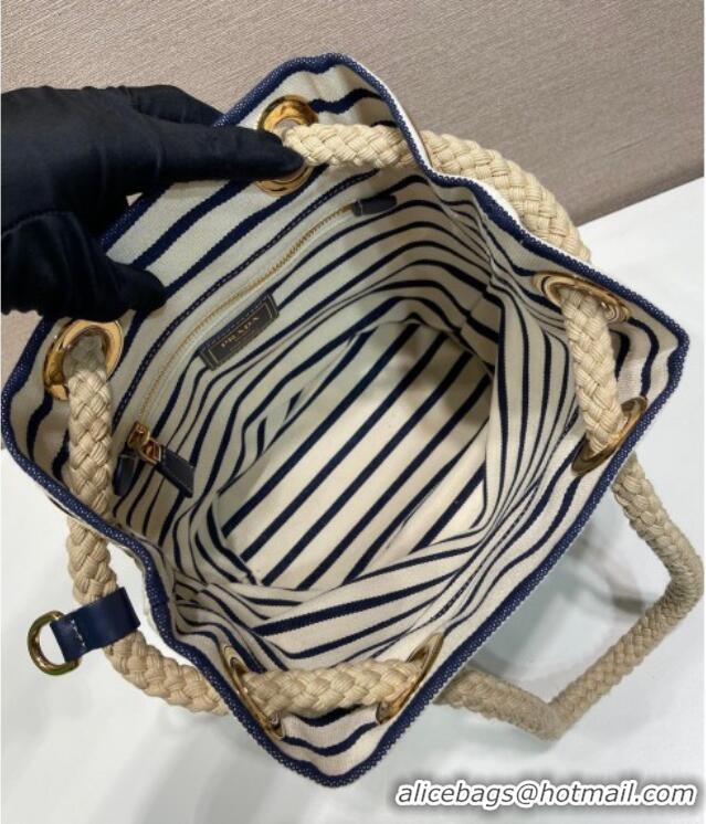Top Grade Prada Mariner small striped fabric bucket bag 1BE082 White/Blue 2025