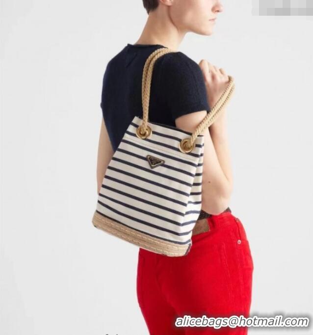 Top Grade Prada Mariner small striped fabric bucket bag 1BE082 White/Blue 2025