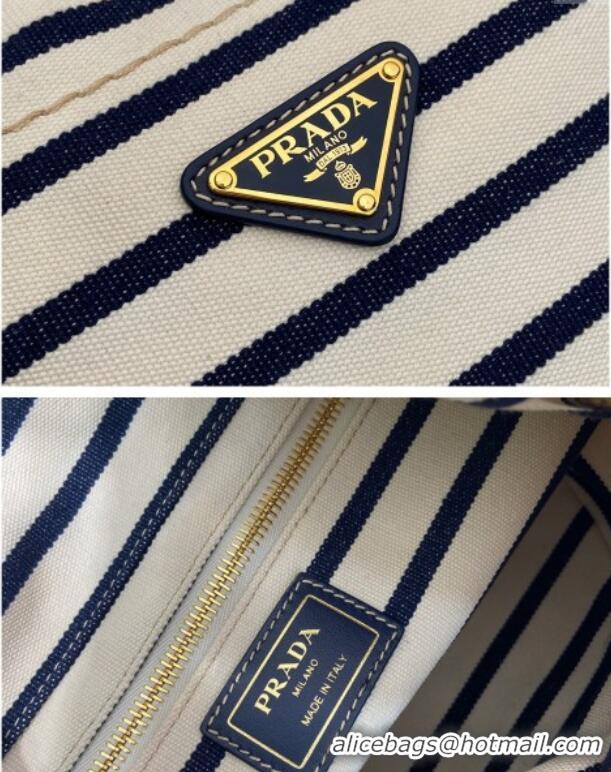 Top Grade Prada Mariner small striped fabric bucket bag 1BE082 White/Blue 2025
